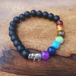 Lucky Elephant 7 Chakra Lava Stone Bracelet Set‎ of 2